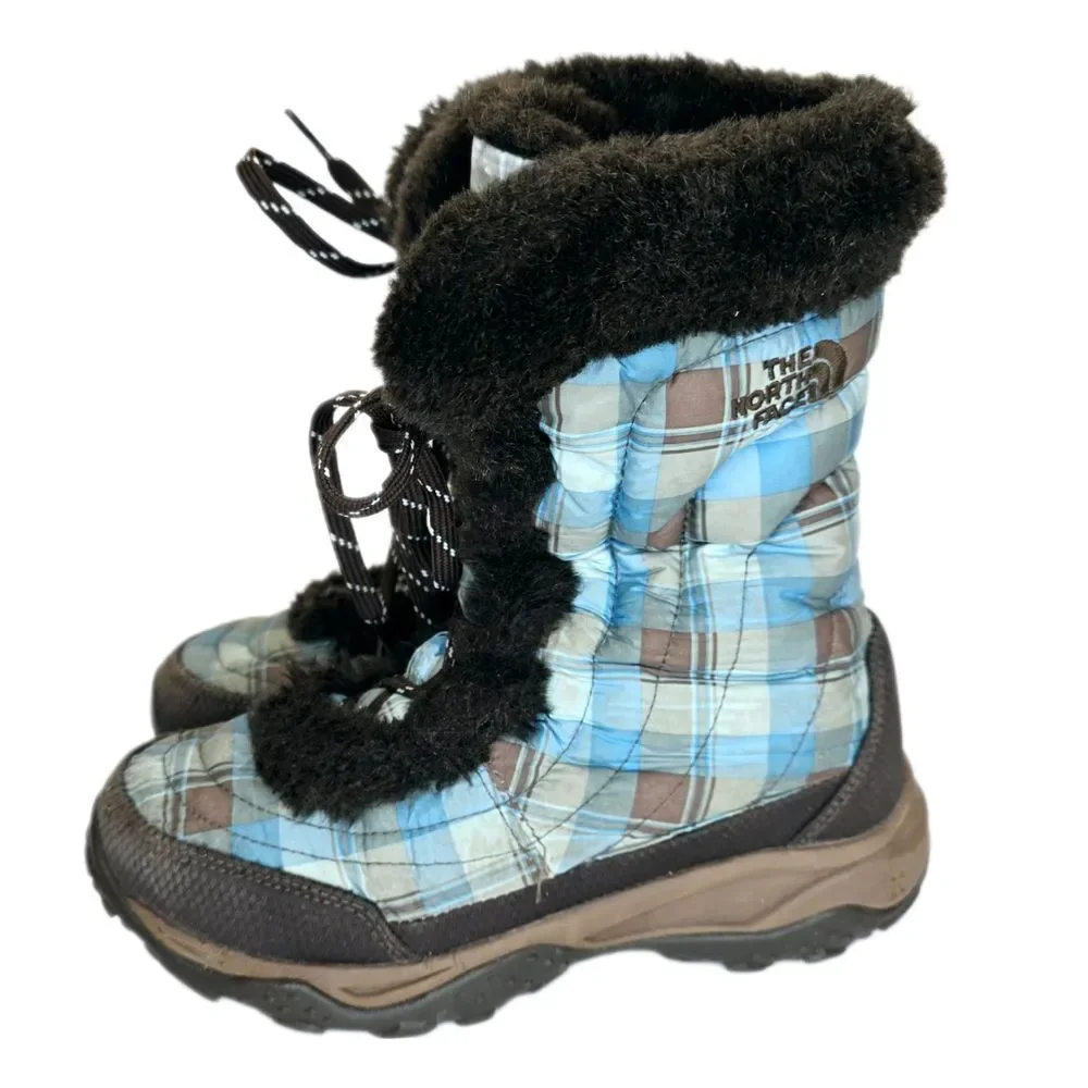 The North Face Winter Snow Boots Plaid Faux Fur Lined Waterproof Blue Brown Sz 4
